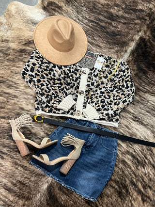 Scoop Neck Leopard Gold Buttons Cardigan