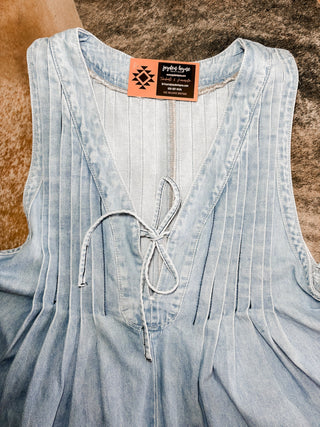 Front Pleated V Neck Sleeveless Denim Romper