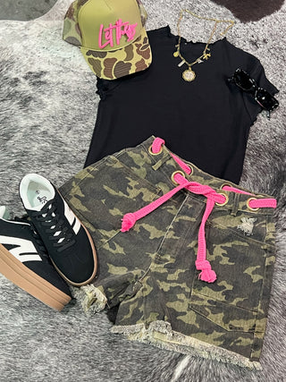 Braided Belt Patch Pocket Camo Shorts — Camouflage