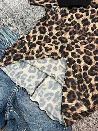 High Neck Leopard Mesh Short Sleeve Top