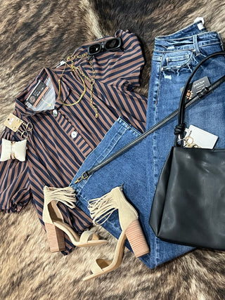 Stripe Gathered Yoke Puff Sleeve Button Down Top