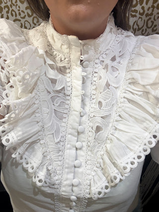 Ivory cutout crochet lace sleeve and ruffle shoulder detail, photo 3