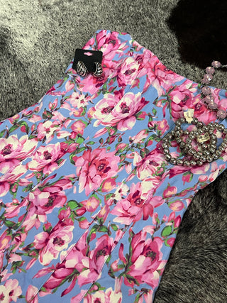 Pink Blue Floral Corset Mini Dress