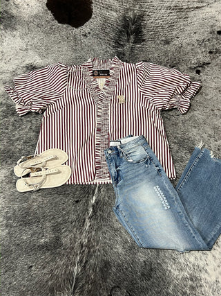 Plus Stripe Smocked V-Neck Puff Sleeve Top