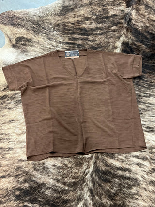 Woven Airflow V-Neck Short Sleeve Top — Brown