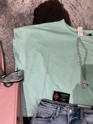 Ribbed Striped Oversized Short Sleeve Top