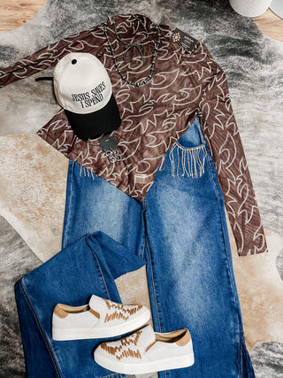 Boot stitch mesh long sleeve top