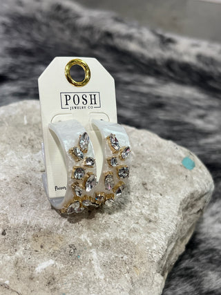 White Marble Crystal Stone Hoop Earrings