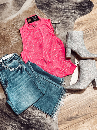 Jewel Sleeveless Bodysuit styled with denim and glitter boots in Jayden Layne size-inclusive western boutique Tomball TX