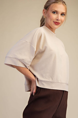 Camel Textured Knit Crew Neck Top