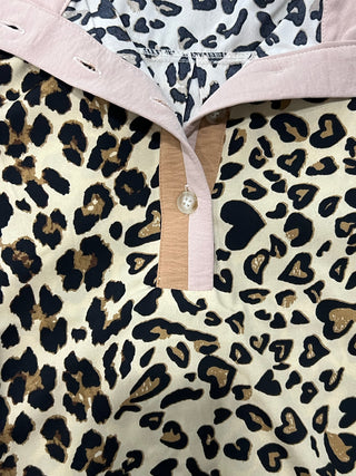 Mock Neck Half Band Button Down Leopard Top