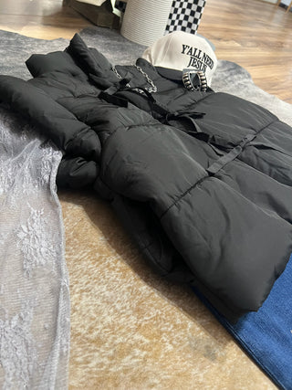 Black flutter sleeve bow tie puffer vest