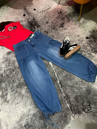 Curvy ankle drawstring wide leg jeans