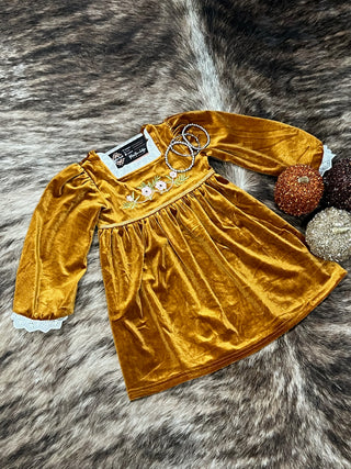 Golden Brown Faux Velvet Girls Dress with Floral Embroidery