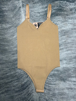 Camel Ribbed V-neck Thick Banded Spaghetti Strap Bodysuit