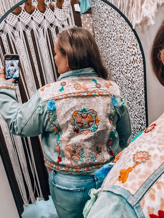 Floral Embroidery Lace Trim Tassel Denim Jacket