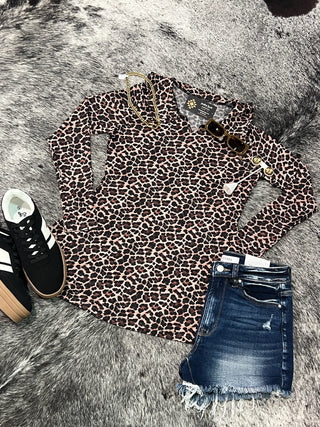 Leopard Mesh Long Sleeve Collared Top