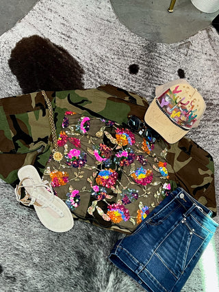 Camo Sequin Contrast Cropped Jacket