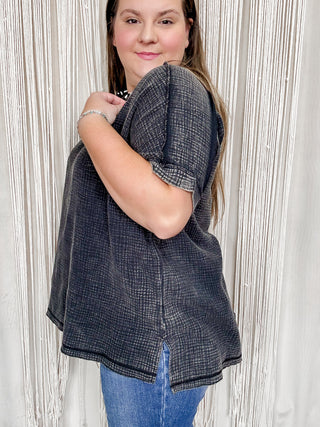 Curvy Black Acid Washed Gauze Cuffed Short Sleeve Top