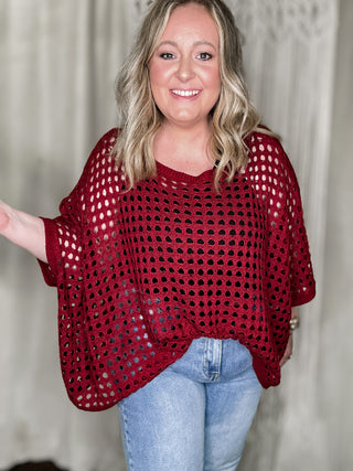 Daphne Maroon Dolman Sleeve Eyelet Top