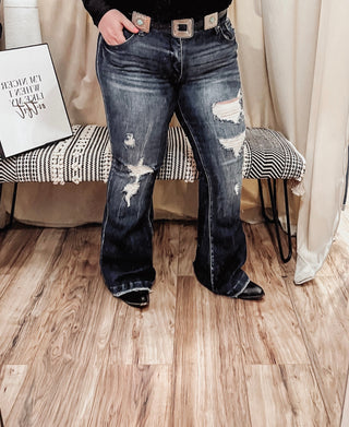 Taylor Mid Rise Dark Wash Distressed Flare