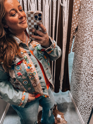 Floral Embroidery Lace Trim Tassel Denim Jacket