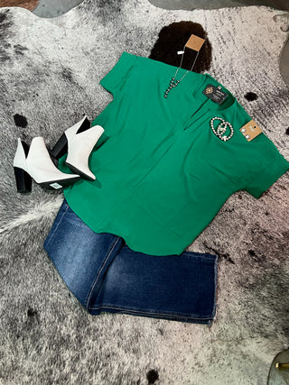 Kelly Green Woven Split Neck Top