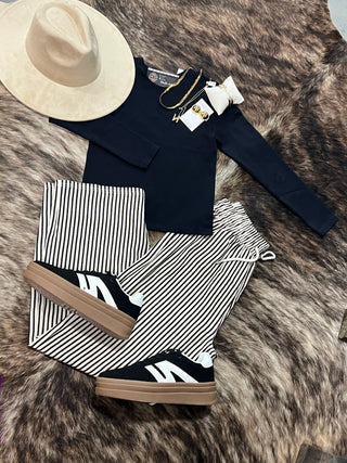 Striped Drawstring Straight Leg Pants (S–3X)