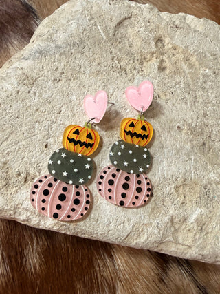 Halloween acrylic pumpkin and pink heart post earrings