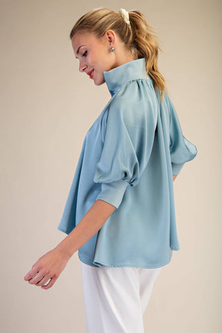 Blue Satin Puff Sleeve Mock Neck Zipper Blouse