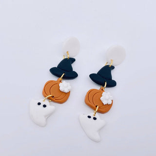 Halloween Hat Pumpkin Ghost Polymer Clay Post Earrings