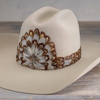Feather Hat Band - Chute on beige western hat with boho feather design, size-inclusive women's boutique Jayden Layne style
