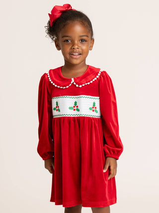 Girls ruby red velvet smocked holly Christmas dress, photo 7