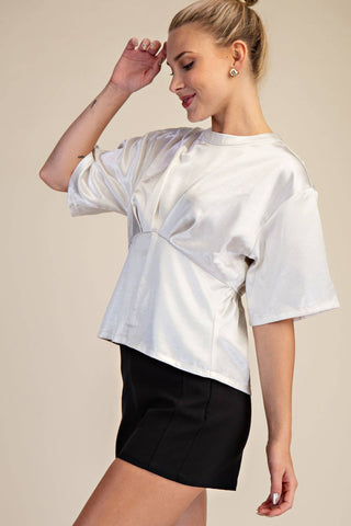 Cream Waist Detail Fitted Short Sleeve Top