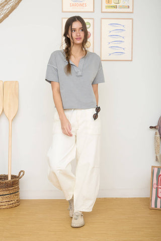 Mocha washed split neck raw edge knit top, additional view