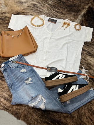 Woven Airflow V-Neck Short Sleeve Top — White