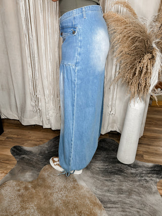 Ankle Drawstring Wide Denim Pants