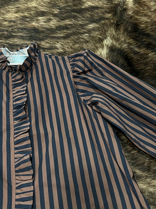 Stripe Gathered Yoke Puff Sleeve Button Down Long Sleeve