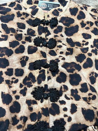 Leopard Print Ruffle Sleeve Button-Up Blouse