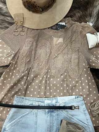 Polka Dot Print Lace Trim Short Sleeve Cotton Blouse Top