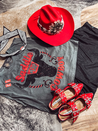 Saddle Up Cowboy Boxy midriff pinned sleeve muscle top styled with red western hat and red buckle shoes by Jayden Layne boutique