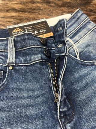 Dark wash high rise crop bootcut jeans with frayed hem, photo 6