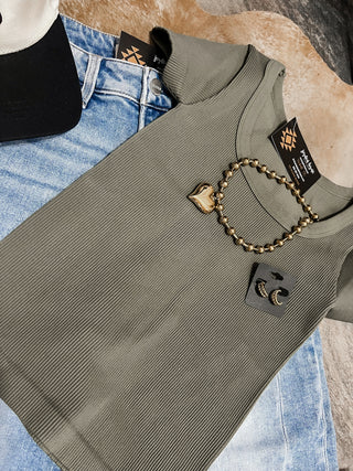 Olive ribbed round neck short sleeve top
