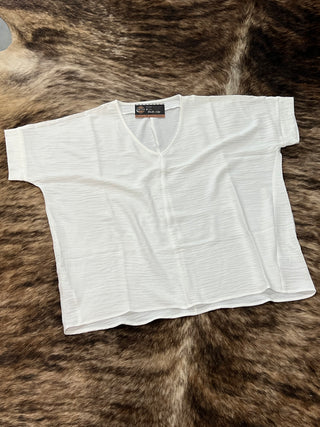 Woven Airflow V-Neck Short Sleeve Top — White