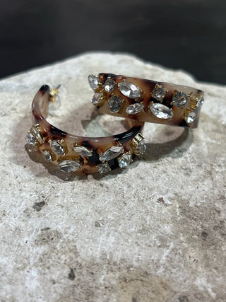 Tortoise Shell Crystal Stone Hoop Earrings