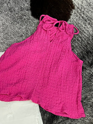 Pink Textured Halter Overlay Top