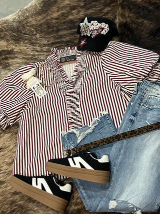Plus Stripe Smocked V-Neck Puff Sleeve Top