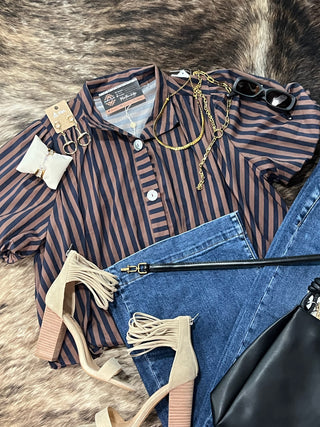 Stripe Gathered Yoke Puff Sleeve Button Down Top