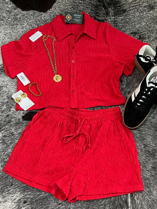 Crinkled Plisse Button Down Shorts Set
