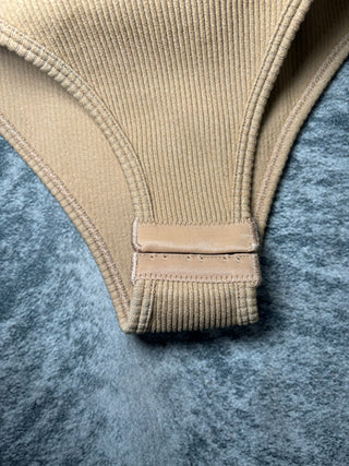 Camel Ribbed V-neck Thick Banded Spaghetti Strap Bodysuit